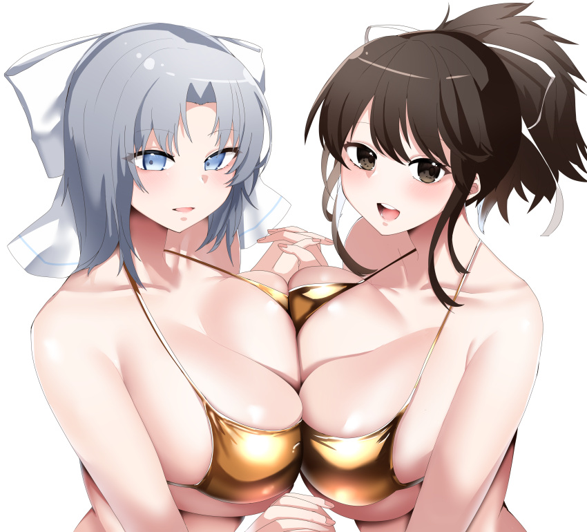 2girls absurdres asuka_(senran_kagura) azareiya_0702 bikini blue_eyes blush bow breast_press breasts brown_eyes brown_hair cleavage commentary gold_bikini grey_hair hair_bow hair_ribbon highres holding_hands huge_breasts interlocked_fingers looking_at_viewer medium_hair multiple_girls open_mouth ponytail ribbon senran_kagura short_ponytail simple_background smile striped_bow swimsuit symmetrical_docking teeth upper_body upper_teeth_only white_background white_bow white_ribbon yumi_(senran_kagura)