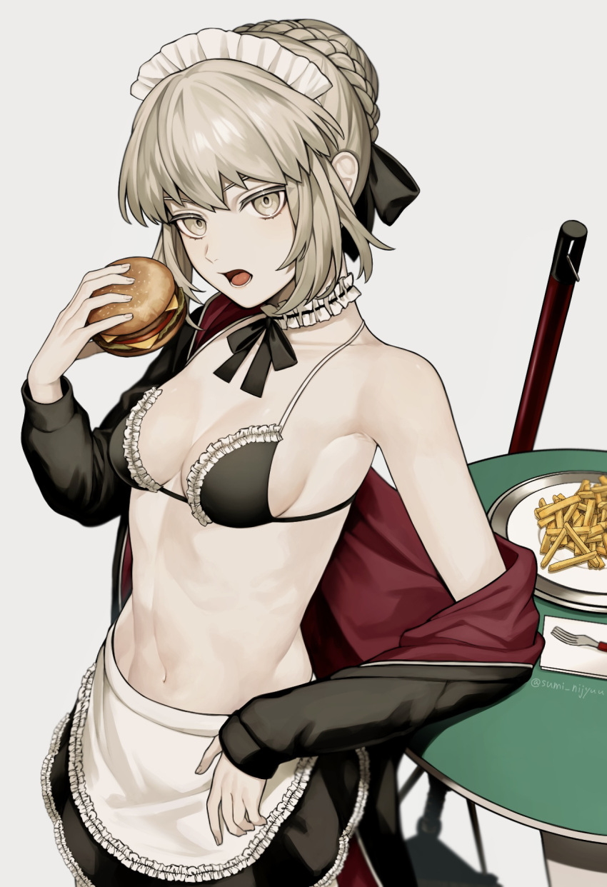 1girl apron artoria_pendragon_(alter_swimsuit_rider)_(fate) artoria_pendragon_(alter_swimsuit_rider)_(second_ascension)_(fate) artoria_pendragon_(fate) bikini black_bikini black_thighhighs blonde_hair braid breasts bridal_garter burger choker eating fate/grand_order fate_(series) food french_braid frilled_bikini frilled_choker frills highres holding holding_burger holding_food hood hoodie jacket looking_at_viewer maid maid_bikini maid_headdress medium_breasts mop navel neck_garter open_clothes open_hoodie ribbon short_hair solo sumi_(gfgf_045) swimsuit thighhighs unconventional_maid upper_body waist_apron yellow_eyes