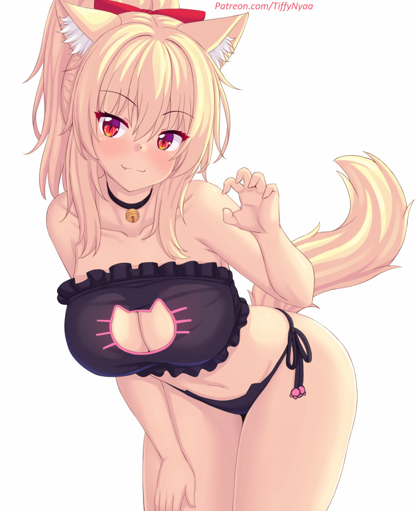 1girl animal_ears black_bra black_choker black_panties blonde_hair blush bra breasts cat_ears cat_girl cat_lingerie cat_tail choker cleavage cleavage_cutout closed_mouth clothing_cutout collarbone commentary cowboy_shot english_commentary hair_ornament hand_up highres large_breasts long_hair looking_at_viewer meme_attire nottytiffy original panties patreon_username ponytail red_eyes side-tie_panties simple_background smile solo tail thighs tiffy_(nottytiffy) underwear white_background