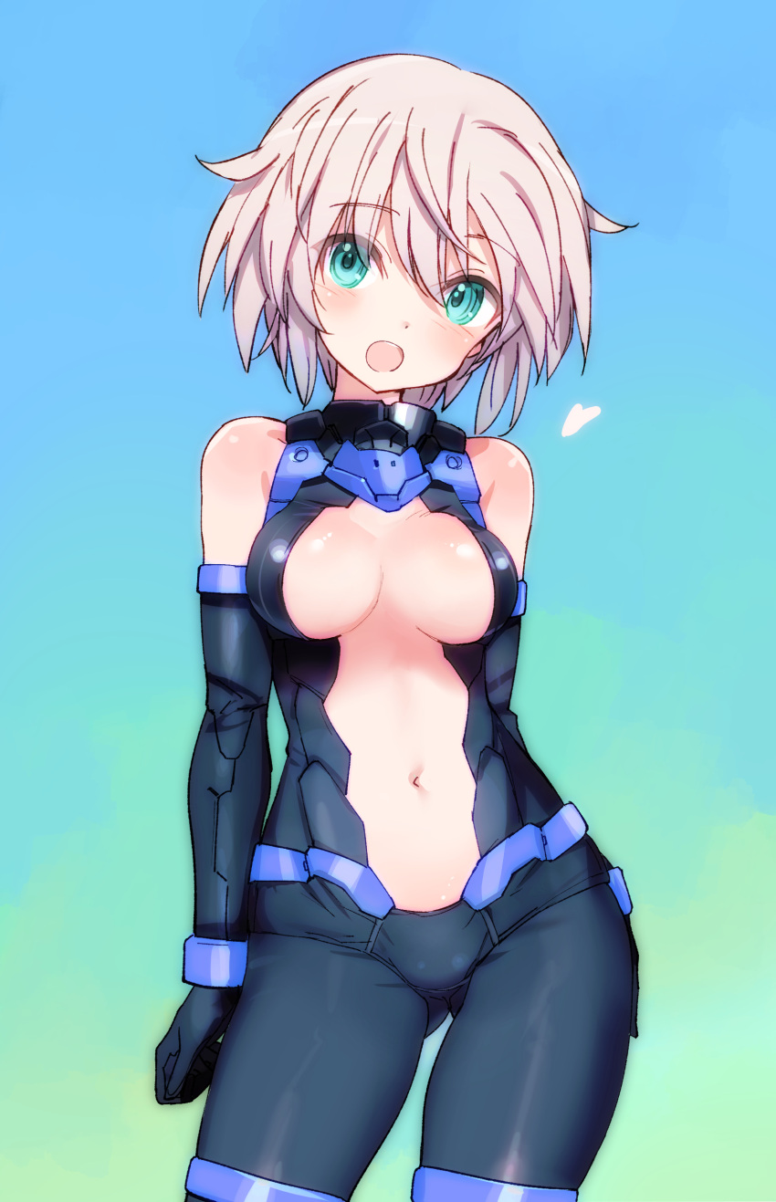 1girl 30_minutes_sisters :o absurdres aqua_eyes bare_shoulders black_gloves blue_background breasts cleavage_cutout clothing_cutout commentary_request contrapposto elbow_gloves gloves gradient_background green_background grey_hair highres looking_at_viewer medium_breasts open_mouth rishetta_(30ms) shimada_fumikane short_hair skin_tight solo stomach_cutout