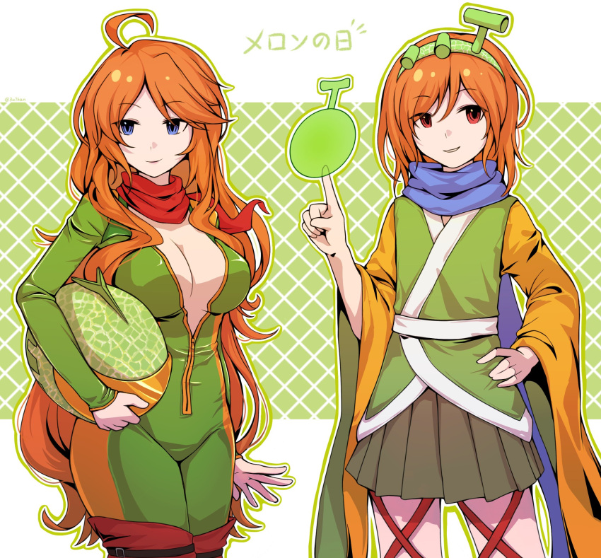 1girl 1other androgynous blue_eyes blue_scarf breasts brown_hakama closed_mouth commentary crossover euthan food fruit green_jumpsuit green_kimono hakama hakama_short_skirt hakama_skirt hand_on_own_hip hand_up highres hokkaidou_meron japanese_clothes jumpsuit kimono large_breasts leg_ribbon len'en long_hair long_sleeves medium_hair melon orange_hair orange_sleeves red_eyes red_ribbon ribbon scarf skirt smile translated two-sided_fabric two-sided_sleeves utau wide_sleeves