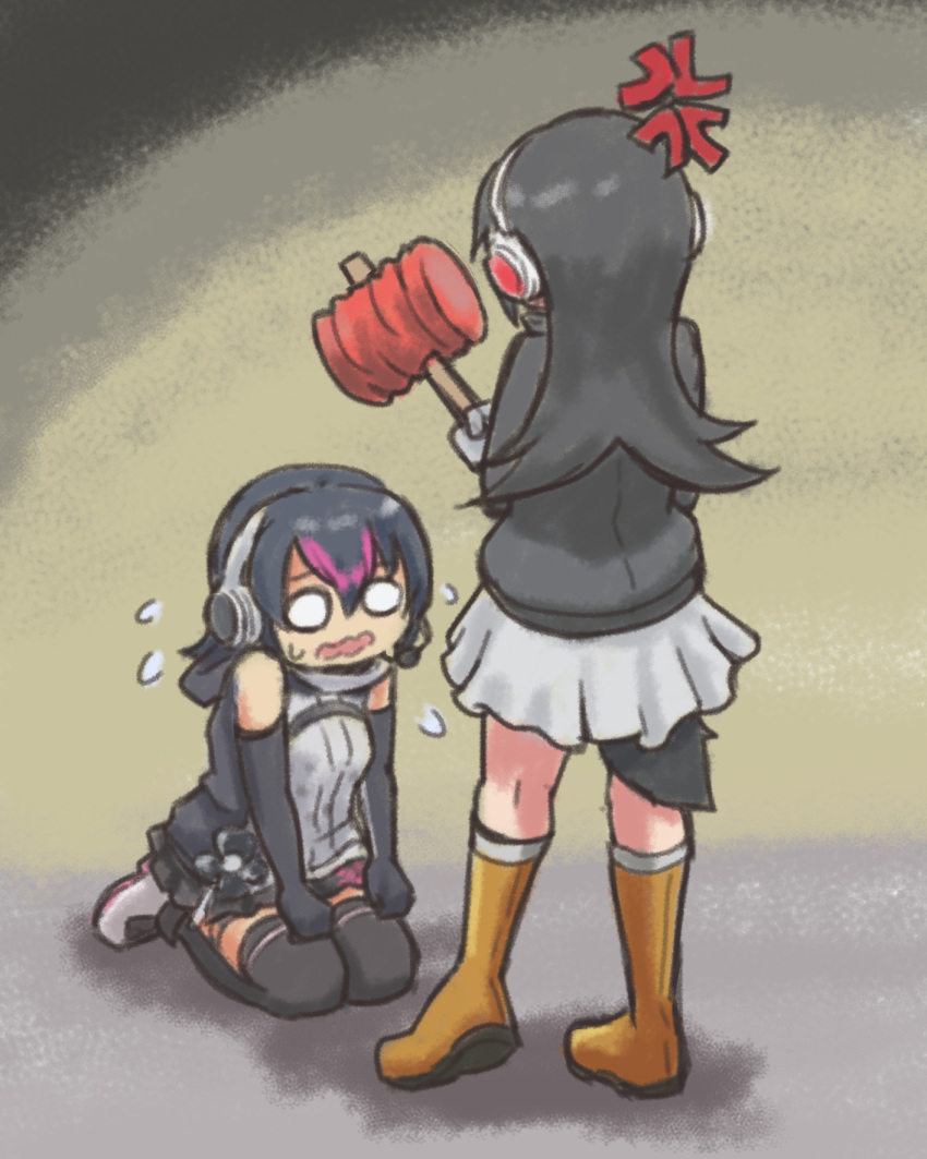 2girls anger_vein bare_shoulders black_gloves black_hair black_skirt black_sweater black_thighhighs boots crying crying_with_eyes_open elbow_gloves flying_sweatdrops gentoo_penguin_(kemono_friends) gloves hair_between_eyes hane_(kirschbaum) headphones highres holding holding_toy hood hood_down humboldt_penguin_(kemono_friends) kemono_friends kemono_friends_v_project long_hair long_sleeves multiple_girls penguin_girl penguin_tail pleated_skirt purple_hair seiza short_hair sidelocks sitting skirt sweater tail tears thighhighs toy toy_hammer virtual_youtuber wavy_mouth white_skirt white_sweater yellow_footwear zettai_ryouiki