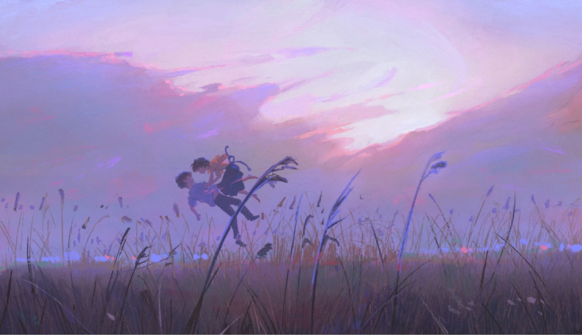 1boy 1girl black_footwear black_hair black_pants black_skirt brecor_ruu_mark cloud cloudy_sky evening field from_side grass midair original outdoors pants scenery shirt short_hair short_sleeves skirt sky white_shirt wide_shot yellow_shirt