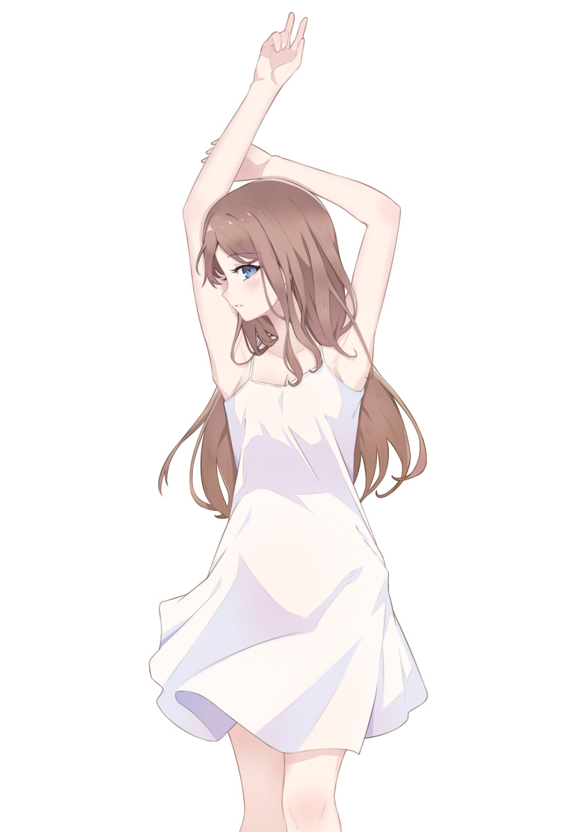 1girl armpits arms_up bang_dream! bang_dream!_it's_mygo!!!!! blue_eyes blush breasts brown_hair cleavage commentary dress gao_(gaoo_al) highres long_hair looking_at_viewer nagasaki_soyo parted_lips sidelocks simple_background solo spaghetti_strap sundress white_background white_dress