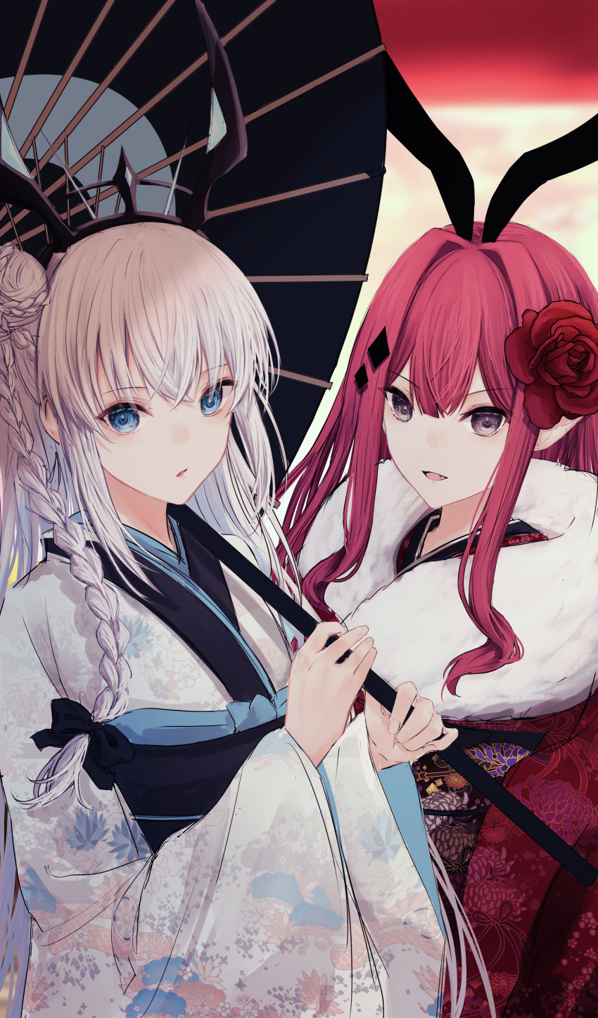 2girls absurdres animal_ears baobhan_sith_(fate) blue_eyes braid fate/grand_order fate_(series) flower grey_eyes hair_bun hair_flower hair_ornament highres holding holding_umbrella japanese_clothes kimono looking_at_viewer morgan_le_fay_(fate) mother_and_daughter multiple_girls parted_lips pink_hair pointy_ears rabbit_ears red_kimono sidelocks single_braid smile umbrella upper_body white_hair white_kimono wide_sleeves yagi_(yagi5art)