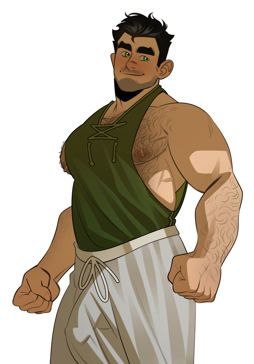 1boy absurdres ahoi_ag alternate_body_hair alternate_facial_hair avatar_legends bara black_hair blush bolin clenched_hands covered_penis facial_hair green_eyes hairy head_tilt highres huge_eyebrows large_pectorals looking_to_the_side male_focus muscular muscular_male mustache_stubble nipples pants pectorals shirt short_hair sidepec sleeveless sleeveless_shirt smile solo standing stubble the_legend_of_korra thick_arm_hair thick_chest_hair track_pants