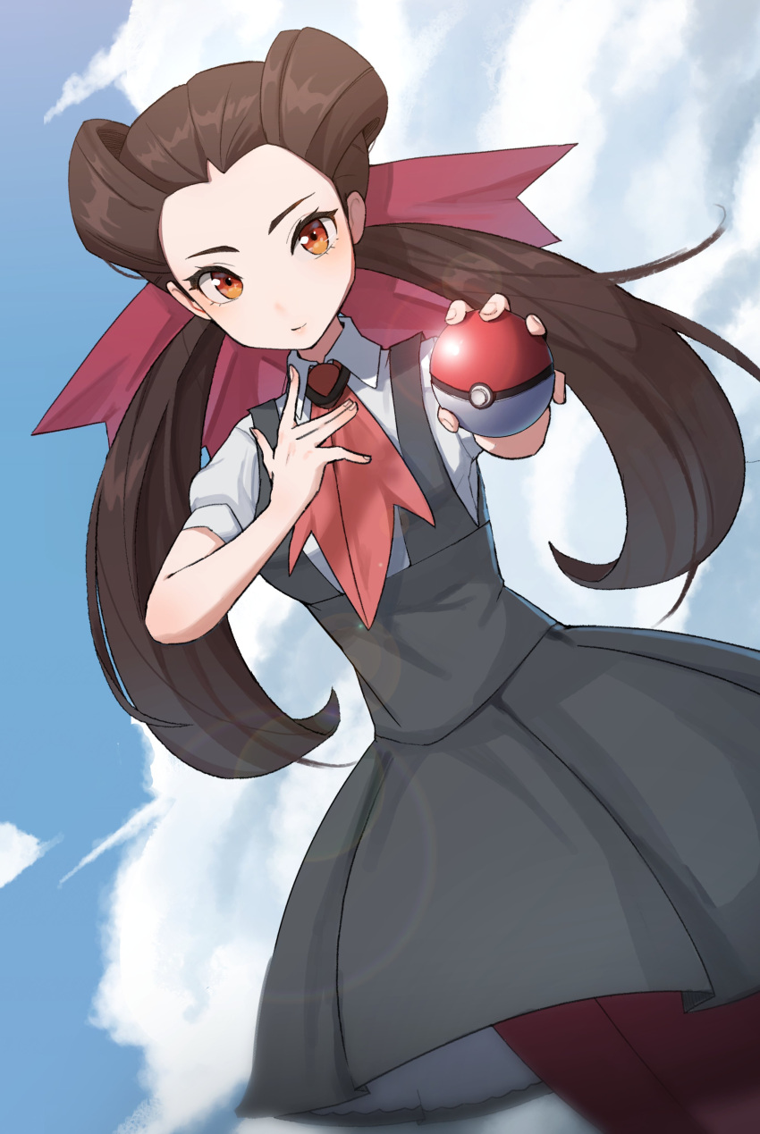 1girl absurdres ascot brown_hair closed_mouth cloud cloudy_sky collared_shirt cometeau_poke commentary_request dress grey_dress highres holding holding_poke_ball long_hair looking_at_viewer pantyhose poke_ball poke_ball_(basic) pokemon pokemon_oras red_ascot red_eyes roxanne_(pokemon) shirt short_sleeves sky twintails white_shirt