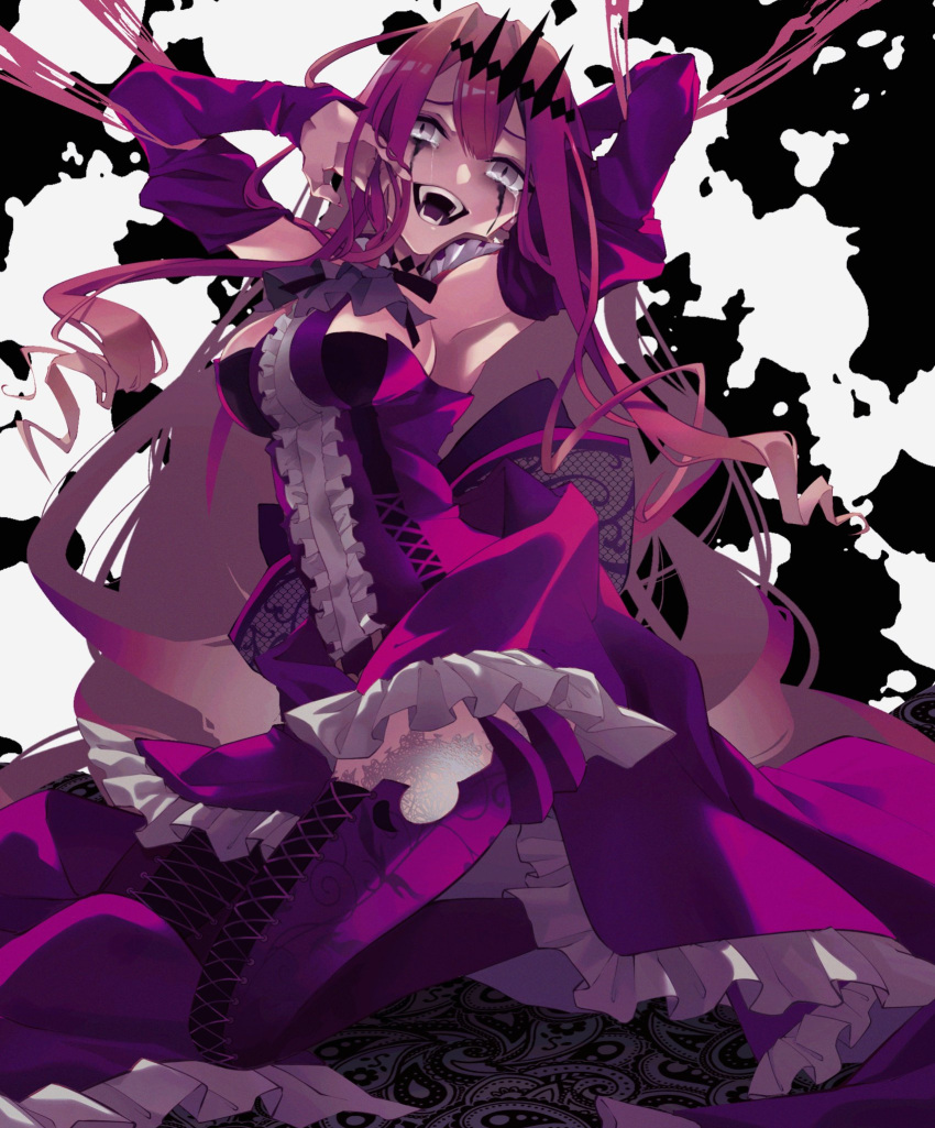 1girl armpits baobhan_sith_(fate) baobhan_sith_(first_ascension)_(fate) bare_shoulders black_background boots breasts detached_sleeves dress facial_mark fangs fate/grand_order fate_(series) frilled_dress frills full_body grey_eyes hair_ornament hand_in_own_hair hands_up highres long_hair looking_at_viewer morita_yuu pink_dress pink_hair smile solo tears thigh_boots two-tone_background white_background