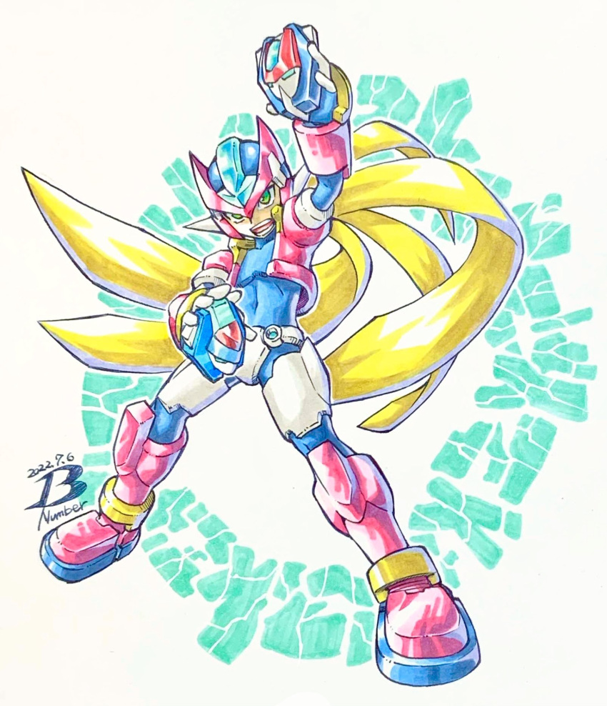 1boy armor artist_logo biometal black_bodysuit blonde_hair bodysuit boots commentary_request cropped_jacket crotch_plate dated forehead_jewel full_body green_eyes henshin_pose highres holding jacket long_hair male_focus mega_man_(series) mega_man_zx model_x_(mega_man) model_z_(mega_man) model_zx_(mega_man) open_clothes open_jacket pn13ban power_armor red_armor red_footwear vent_(mega_man)