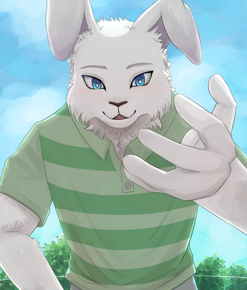 1boy a02543420 absurdres animal_ears blue_eyes blue_sky chain-link_fence commentary_request fence furry furry_male green_shirt highres looking_at_viewer male_focus mixed-language_commentary outstretched_hand rabbit_boy rabbit_ears shirt sky smile sportswear tennis_ace_(visual_novel) tennis_uniform tree urushihara_keisuke_(tennis_ace)