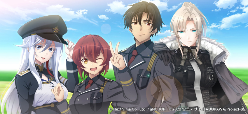 1boy 3girls 86_-eightysix- absurdres blue_sky cloud cloudy_sky crossover fikatsia_latrova gloves hand_on_another's_shoulder hat highres kurena_kukumila long_hair military_uniform multiple_girls muv-luv muv-luv:_dimensions muv-luv_alternative muv-luv_total_eclipse official_art peaked_cap posing shinei_nouzen short_hair sky uniform v vladilena_millize