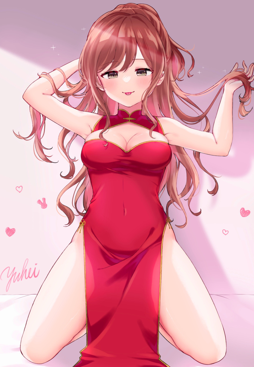 1girl absurdres bang_dream! blush breasts brown_hair china_dress chinese_clothes cleavage_cutout clothing_cutout commentary_request covered_navel dress half_updo heart highres imai_lisa kneeling long_hair looking_at_viewer medium_breasts meu203 sidelocks signature skindentation sleeveless sleeveless_dress solo tongue tongue_out