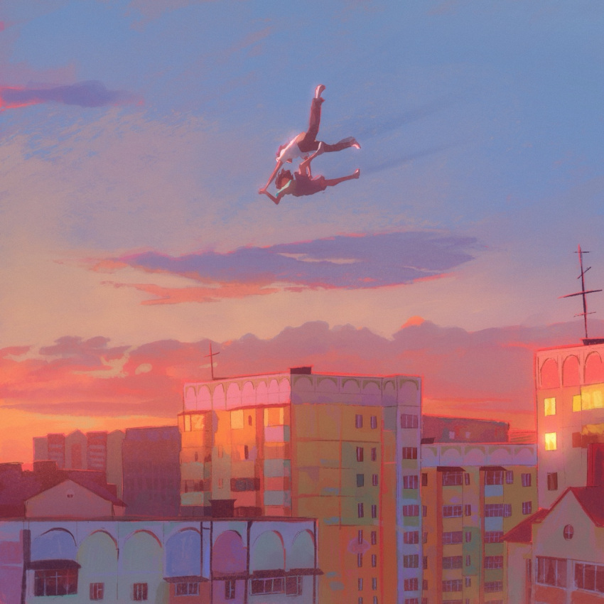 2others ambiguous_gender black_pants blue_sky brecor_ruu_mark building city cityscape cloud falling gradient_sky green_shirt highres holding_hands midair multicolored_sky multiple_others orange_sky original outdoors pants scenery shirt short_hair sky sunset white_shirt wide_shot