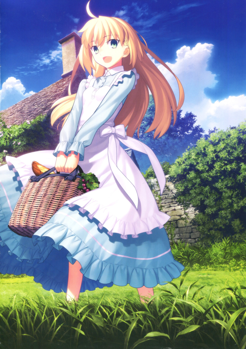 1girl absurdres ahoge apron artoria_pendragon_(fate) basket blonde_hair blue_sky chimney cloud fate_(series) grass green_eyes happy highres holding holding_basket light_blue_dress long_hair non-web_source official_art open_mouth outdoors saber_(fate) scan sky smile solo stone_wall takeuchi_takashi tree white_apron