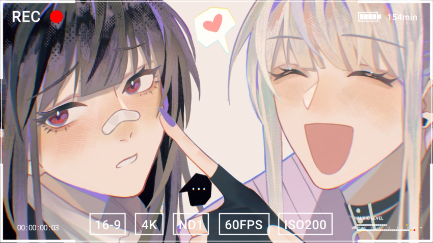 ... 2girls bai_yi_(path_to_nowhere) bandaid bandaid_on_face black_choker black_hair blush chaoji_shuihouzi chinese_commentary choker closed_eyes commentary earrings embarrassed finger_to_cheek heart highres jewelry k.k._(path_to_nowhere) laughing looking_at_viewer looking_back multiple_girls open_mouth parted_lips path_to_nowhere pointing recording red_eyes spoken_ellipsis spoken_heart stud_earrings user_interface white_hair