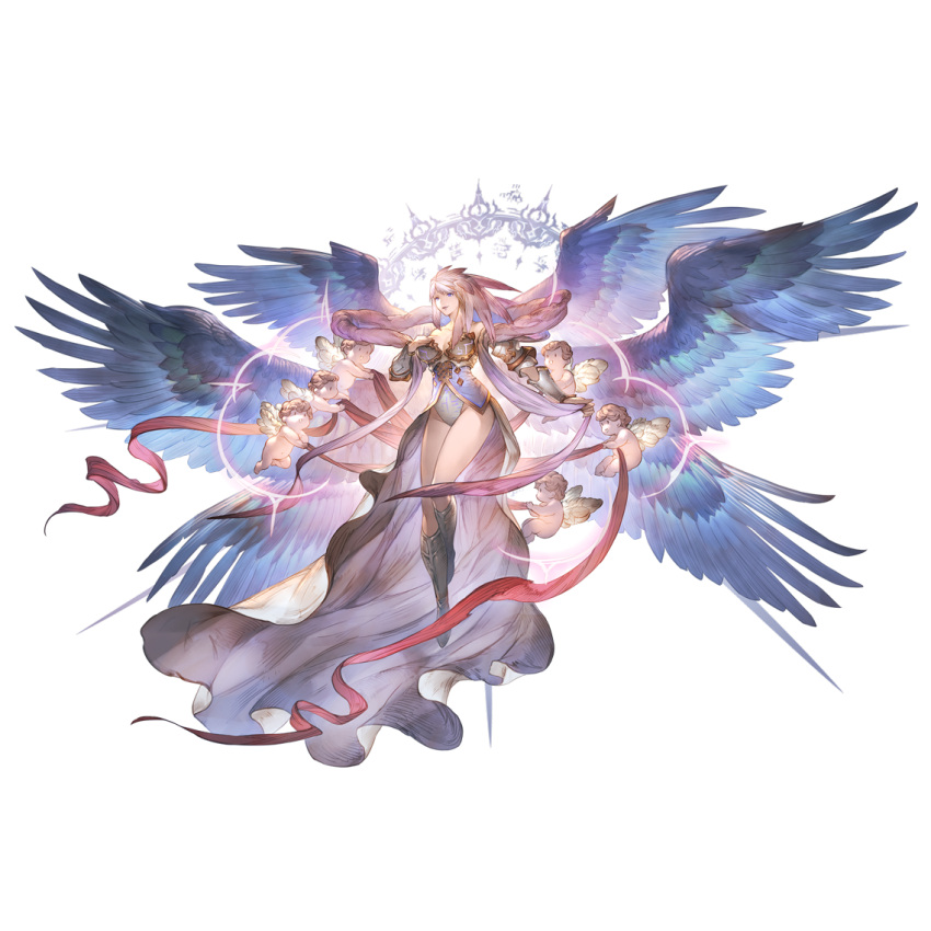 1girl bare_shoulders blue_eyes breasts closed_mouth full_body gabriel_(granblue_fantasy) granblue_fantasy leotard long_hair minaba_hideo multiple_wings official_art pink_hair solo third-party_source transparent_background wings