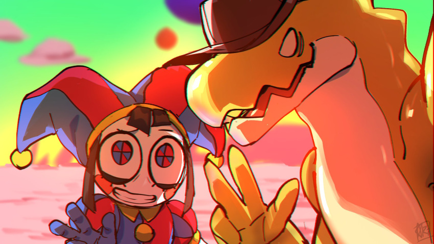 1boy 1girl ariie_ya artist_logo cowboy_hat derivative_work english_commentary fangs furry furry_male gummigoo hat highres honkai:_star_rail honkai_(series) jester_cap looking_at_viewer male_focus pomni_(the_amazing_digital_circus) reptile_boy selfie smile the_amazing_digital_circus v