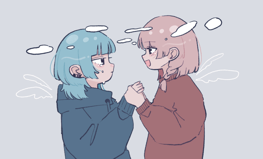 2girls :d :| air_bubble black_eyes blue_hair blue_hoodie blunt_bangs blush braid bubble closed_mouth commentary drawn_wings drawstring earclip expressionless eye_contact face-to-face from_side grey_background highres holding_hands hood hood_down hoodie long_sleeves looking_at_another multiple_girls open_mouth original pink_hair red_sweater side_braid simple_background smile sskitaco sweater upper_body yuri