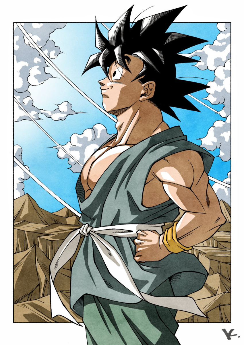 1boy black_hair blue_sky cloud dragon_ball dragon_ball_z from_side green_pants green_shirt hands_on_own_hips highres kakeru_(dbskakeru) looking_up muscular muscular_male pants sash shirt sky sleeveless sleeveless_shirt solo son_goku spiked_hair sweatband toriyama_akira_(style) waist_sash white_sash