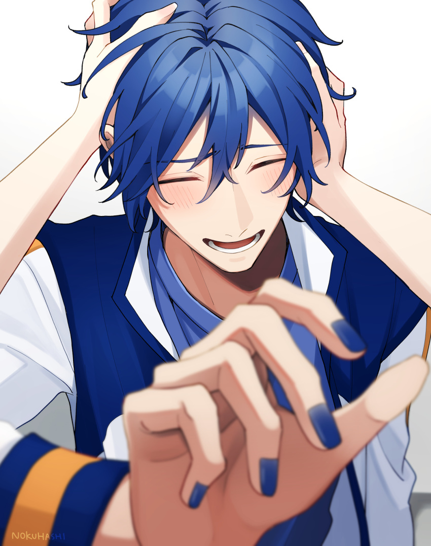 1boy 1other artist_name blue_hair blue_nails blue_shirt blush closed_eyes highres jacket kaito_(vocaloid) long_sleeves lower_teeth_only male_focus nokuhashi open_clothes open_jacket open_mouth ruffling_hair shirt short_hair smile teeth vocaloid white_background