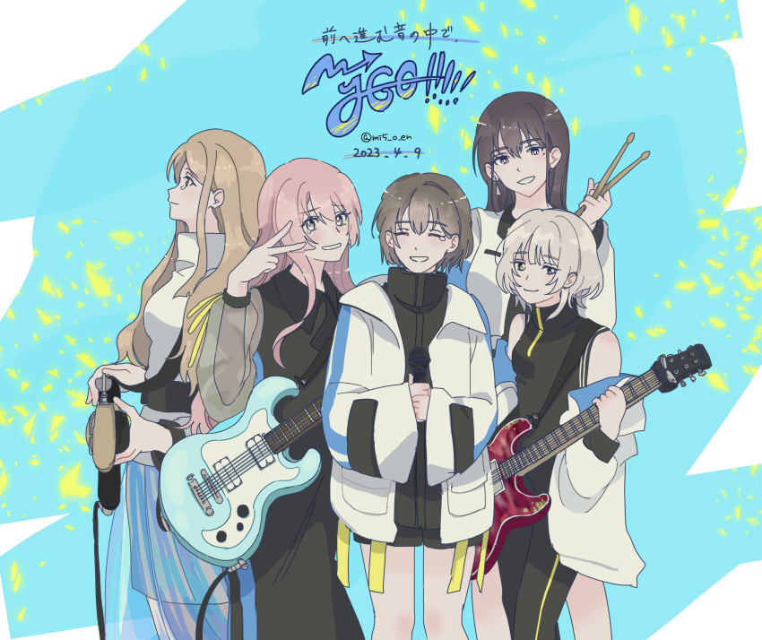 5girls 72_(mi5_o_en) bang_dream! bang_dream!_it's_mygo!!!!! black_dress black_jacket black_pants black_shirt black_shorts blue_skirt brown_hair chihaya_anon closed_eyes closed_mouth commentary_request crying dated dress electric_guitar grey_eyes guitar heterochromia highres holding holding_guitar holding_instrument instrument jacket kaname_raana long_hair long_sleeves mole mole_under_eye multiple_girls mygo!!!!!_(bang_dream!) nagasaki_soyo own_hands_together pants parted_lips pink_hair purple_eyes see-through see-through_skirt see-through_sleeves shiina_yuika shirt short_hair shorts skirt sleeveless sleeveless_shirt smile sweater takamatsu_tomori tears translation_request v white_hair white_jacket white_shirt white_sweater yellow_eyes