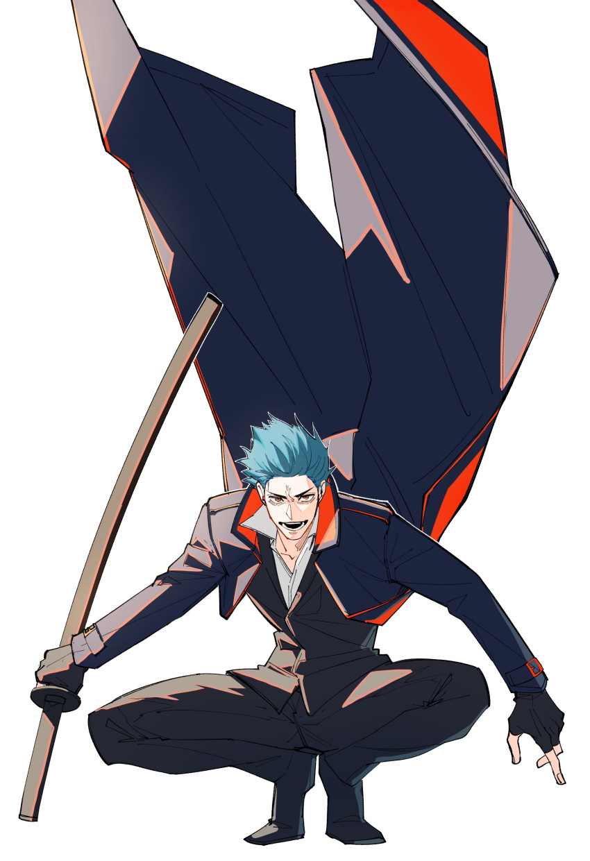 1boy absurdres black_gloves black_jacket black_suit blue_coat blue_hair coat coat_lift collared_coat fate/grand_order fate_(series) full_body gloves haruakira highres holding holding_sword holding_weapon jacket katana long_sleeves looking_at_viewer male_focus orange_coat pants saitou_hajime_(fate) sheath sheathed shirt short_hair smile solo squatting suit sword two-sided_coat two-sided_fabric weapon white_shirt