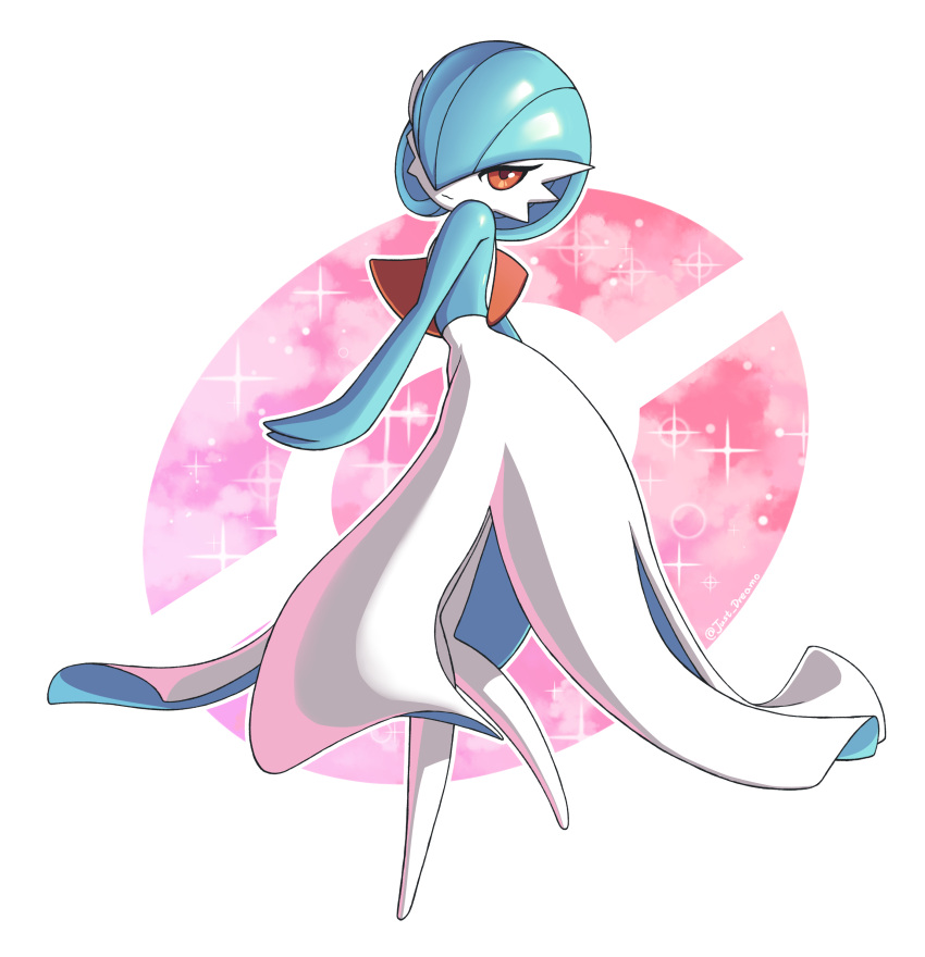 absurdres alternate_color blue_hair bob_cut colored_skin dress gardevoir hair_over_one_eye highres just_dreamo looking_at_viewer multicolored_skin pink_eyes poke_ball_symbol pokemon pokemon_(creature) shiny_pokemon sparkle two-tone_skin white_dress white_skin