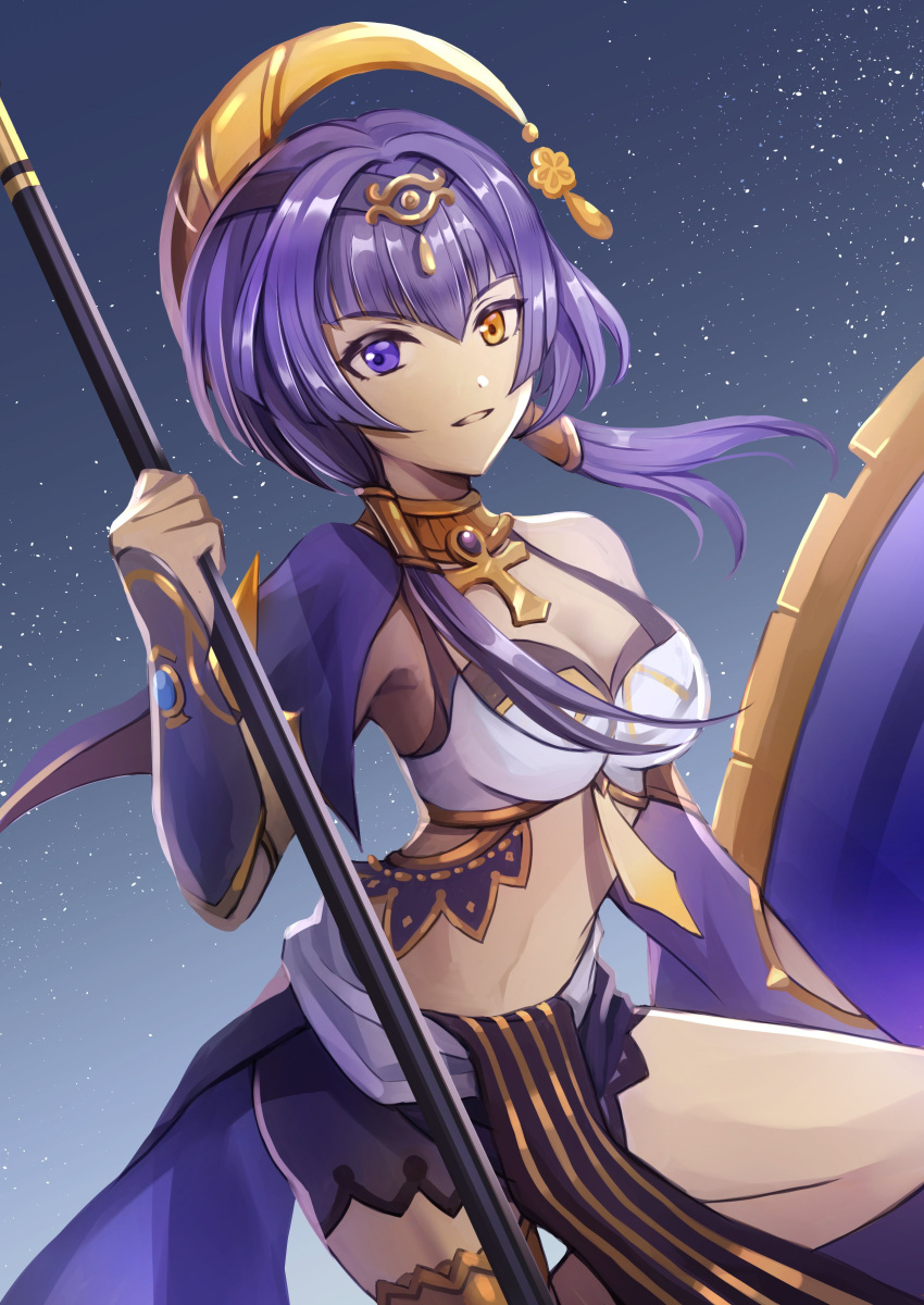 1girl absurdres ankh ankh_necklace ankoro bare_shoulders blue_eyes blue_hair bracer breasts candace_(genshin_impact) dark-skinned_female dark_skin egyptian_clothes eye_of_horus genshin_impact hair_ornament heterochromia highres holding holding_weapon jewelry large_breasts looking_at_viewer midriff night night_sky shield short_hair_with_long_locks sidelocks sky smile solo solo_focus star_(sky) starry_sky weapon yellow_eyes