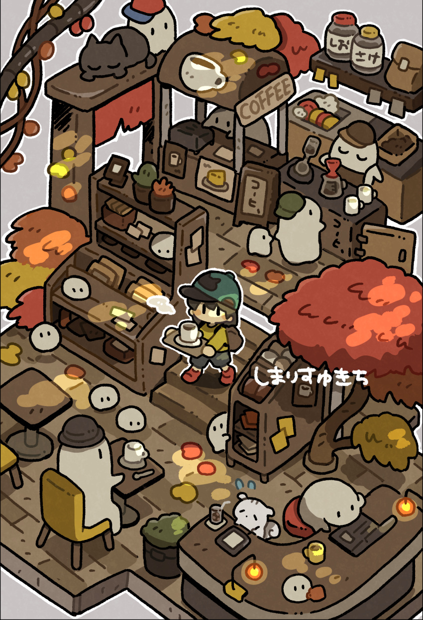 1boy artist_name backpack bag baseball_cap black_hair cafe cat chair cup food ghost grey_shorts hat highres holding holding_tray isometric original plant potted_plant red_footwear scenery shelf shimarisu_yukichi shirt shorts sitting tray tree yellow_shirt