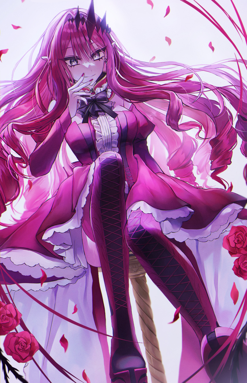 1girl baobhan_sith_(fate) baobhan_sith_(first_ascension)_(fate) bare_shoulders boots breasts detached_sleeves dress drill_hair falling_petals fate/grand_order fate_(series) flower frilled_dress frills full_body grey_eyes hair_ornament hand_up high_heel_boots high_heels highres long_hair looking_at_viewer nail_polish nyari1028 petals pink_dress pink_hair pointy_ears red_flower red_nails sidelocks sitting smile solo thigh_boots white_background