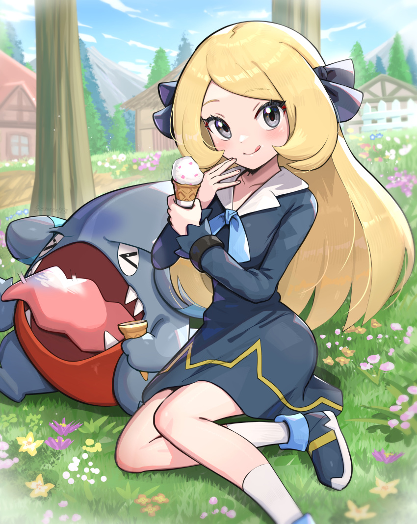 &gt;_&lt; 1girl :q absurdres aged_down black_dress black_eyes blonde_hair blush bow brain_freeze collarbone colored_skin commentary cynthia_(pokemon) dragon dress eating fangs flower full_body gabite gonzarez grass green_skin hair_bow highres holding holding_ice_cream_cone ice_cream_cone long_hair looking_at_viewer multicolored_skin outdoors pokemon red_skin sharp_teeth teeth tongue tongue_out tree two-tone_skin