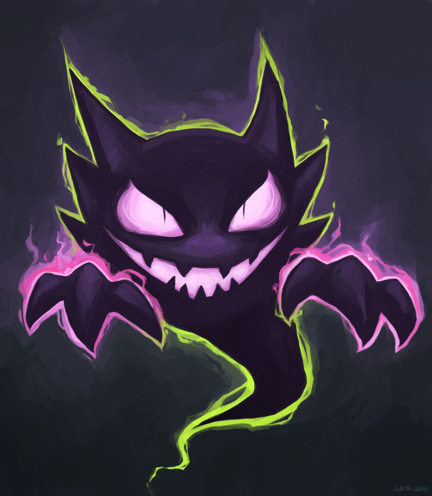 commentary evil_smile full_body ghost glowing grey_background haunter highres looking_ahead mintlark no_humans open_mouth pink_eyes pokemon pokemon_(creature) rayman_limbs sharp_teeth signature slit_pupils smile solo teeth