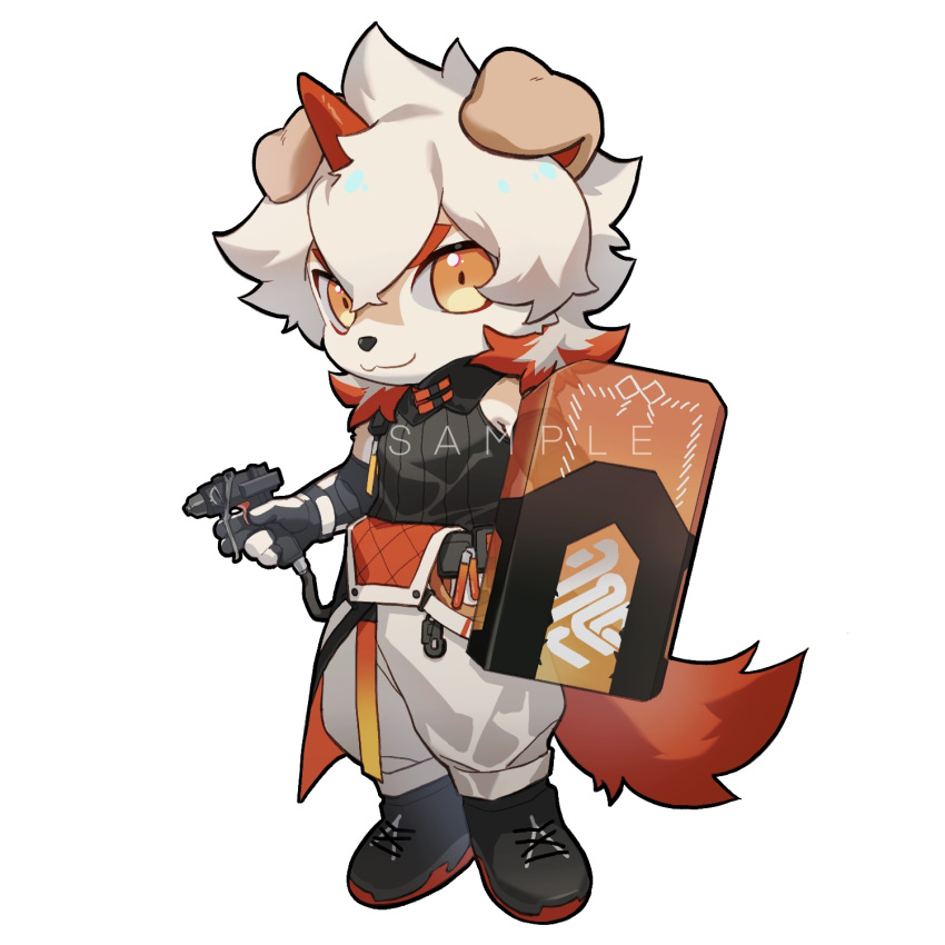 1boy arknights black_footwear black_shirt chibi colored_tips dan_(59736969) furry furry_male highres holding holding_shield horns hung_(arknights) komainu_boy komainu_ears komainu_tail looking_at_viewer male_focus multicolored_hair orange_eyes pants sample_watermark shield shirt single_horn sleeveless sleeveless_shirt smile watermark white_background white_pants