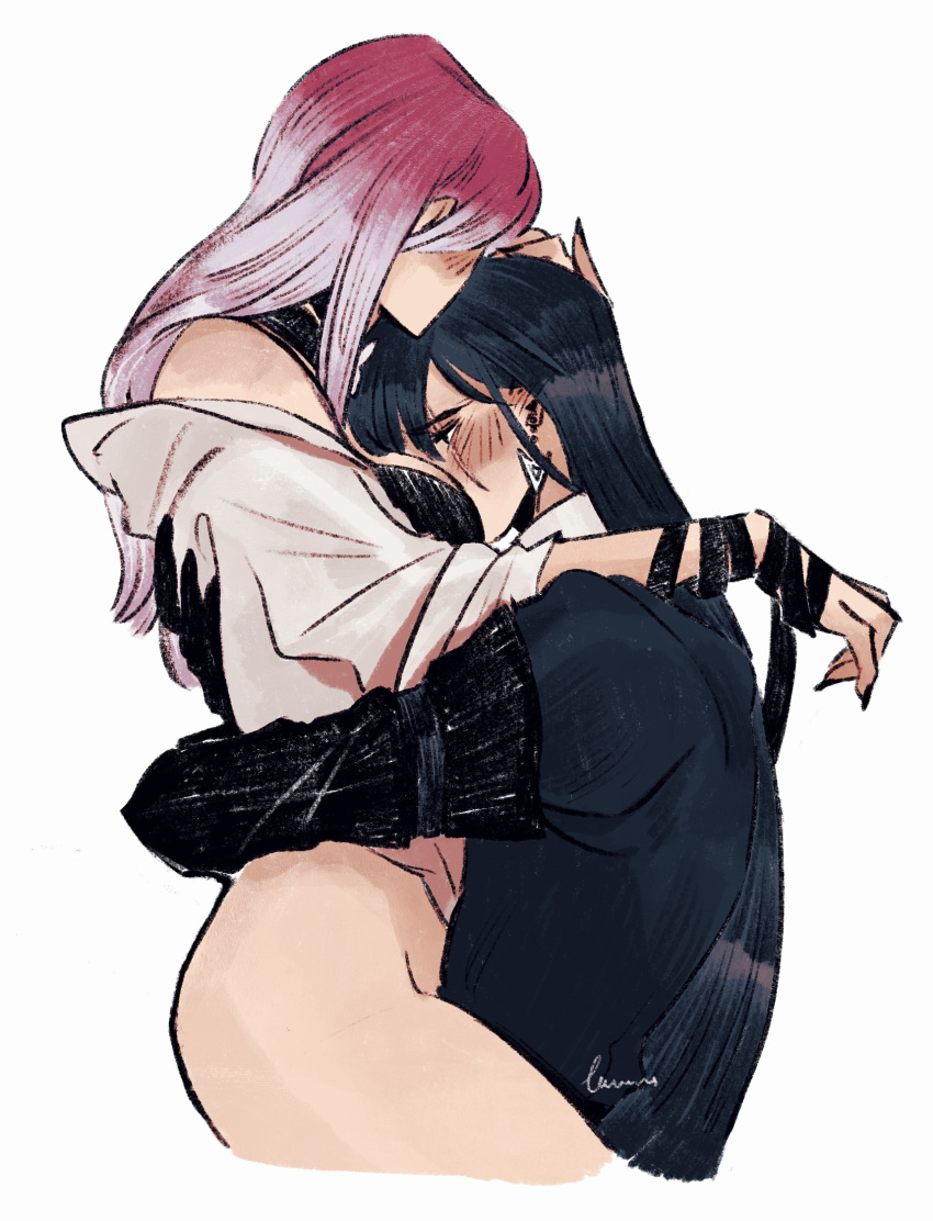 2girls bandaged_hand bandages between_breasts black_bandages black_bra black_gloves black_hair black_jacket blush bottomless bra breasts commentary earrings elbow_gloves english_commentary gloves gradient_hair grey_hair hand_on_another's_head head_between_breasts highres hug jacket jewelry lemons_on_sticks long_hair multicolored_hair multiple_girls path_to_nowhere pink_hair rahu_(path_to_nowhere) shalom_(path_to_nowhere) simple_background sitting sitting_on_lap sitting_on_person underwear white_background yuri