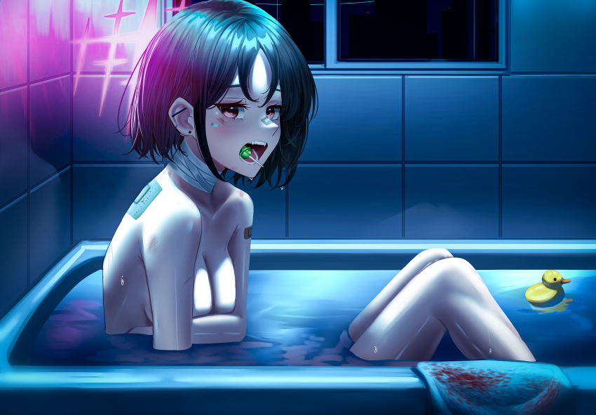 1girl absurdres bandaged_neck bandages bandaid bandaid_on_arm bandaid_on_back bandaid_on_face bandaid_on_nose bath black_hair blue_archive breasts candy commentary covering_breasts covering_privates ear_piercing food food_in_mouth highres lollipop looking_at_viewer manjo_(warito) medium_breasts misaki_(blue_archive) nude open_mouth partially_submerged piercing red_eyes rubber_duck short_hair symbol-only_commentary teeth upper_teeth_only