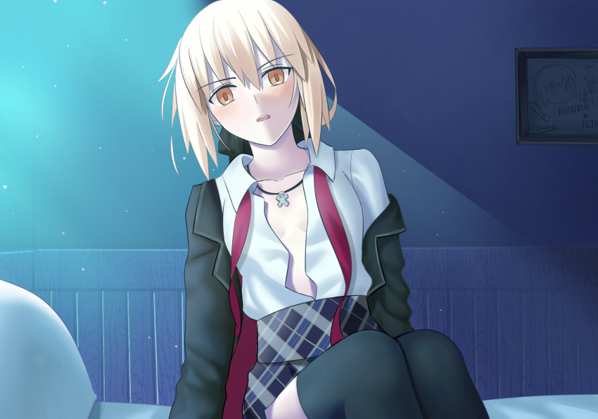 1girl alternate_costume artoria_pendragon_(fate) black_ribbon blonde_hair blush breasts fate/grand_order fate_(series) highres jacket jewelry longdq3008 looking_at_viewer medium_breasts necklace necktie on_bed open_clothes open_jacket open_shirt partially_undressed ribbon saber_alter short_hair sitting solo thighhighs undone_necktie weapon yellow_eyes