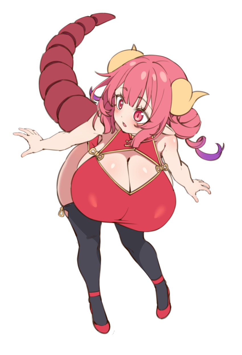 1girl absurdres alternate_costume black_thighhighs blush breasts china_dress chinese_clothes cleavage dragon_girl dragon_horns dragon_tail dress elomil full_body gigantic_breasts highres horns ilulu_(maidragon) kobayashi-san_chi_no_maidragon leaning_forward oppai_loli pink_eyes pink_hair pointy_ears red_dress red_footwear shoes shortstack simple_background sleeveless sleeveless_dress slit_pupils solo tail thighhighs white_background