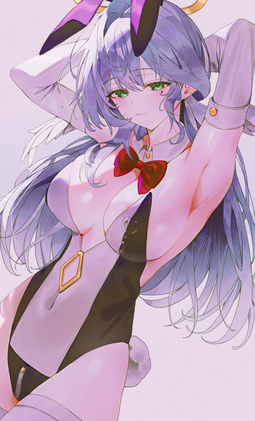 1girl absurdres alternate_costume animal_ears armpits arms_behind_head bow bowtie breasts buttons cleavage covered_navel cowboy_shot detached_collar elbow_gloves fake_animal_ears film_grain gloves green_eyes hair_between_eyes hair_intakes halo head_wings highres honkai:_star_rail honkai_(series) indol jewel_under_eye large_breasts light_blush long_hair looking_at_viewer playboy_bunny presenting_armpit rabbit_ears rabbit_tail red_bow red_bowtie robin_(fire_emblem) sidelocks solo tail thighhighs thighs very_long_hair white_background white_gloves white_thighhighs wings zipper