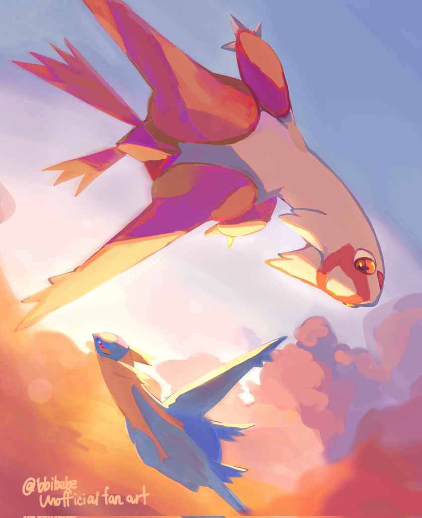 :d bbibebe blue_skin cloud colored_skin flying highres latias latios no_humans open_mouth outdoors pokemon pokemon_(creature) red_eyes red_skin sky smile yellow_eyes