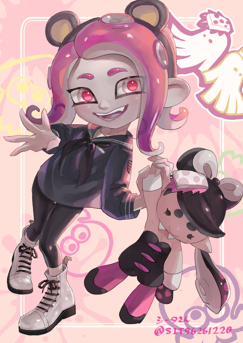 absurdres animal_ears bear_ears black_hair black_jumpsuit black_shirt bow-shaped_hair callie_(splatoon) food food_on_head highres inkling jumpsuit koyomi_yamai long_hair object_on_head octoling octoling_girl octoling_player_character open_mouth pantyhose pink_hair pink_pantyhose red_eyes shirt short_jumpsuit signature splatoon_(series) splatoon_1 splatoon_2 squid suction_cups sushi teeth tentacle_hair