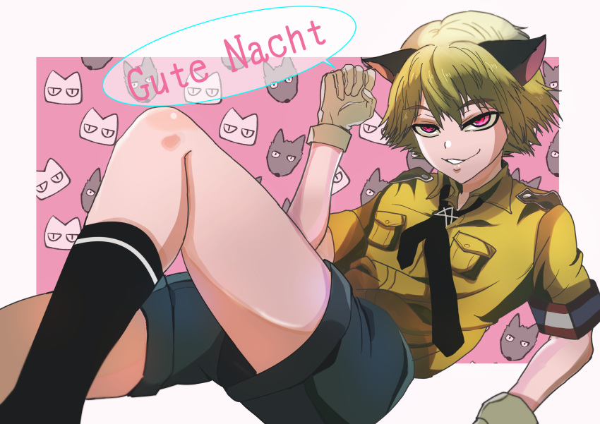 1boy animal_ears blonde_hair cat_boy cat_ears german_text gloves hellsing highres pink_eyes schroedinger_(hellsing) solo uniform