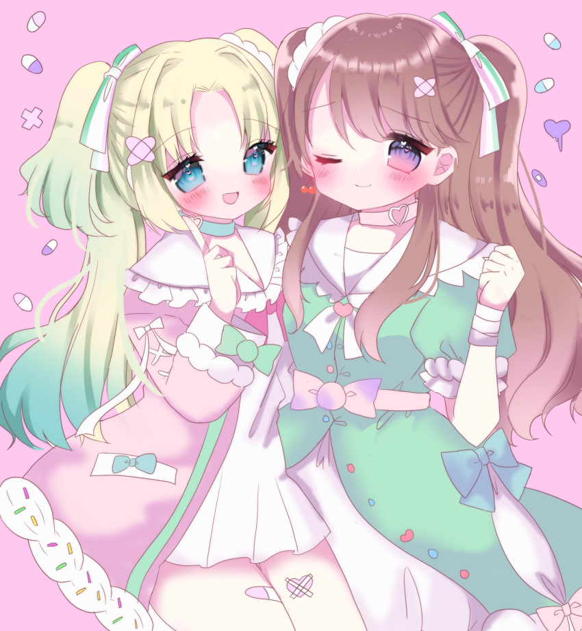 2girls :d ;) aqua_hair bandaid bandaid_hair_ornament blonde_hair blue_choker blue_eyes bow brown_hair cherry_earrings choker closed_mouth coat_dress commentary dress dress_bow earrings food-themed_clothes food-themed_earrings frilled_sailor_collar frills fujishima_megumi gradient_hair green_dress hair_ornament hakuchu_a_la_mode_(love_live!) heart heart_choker heart_o-ring highres index_finger_raised jewelry link!_like!_love_live! long_hair looking_at_viewer love_live! mira-cra_park! moe_(moe_oniku) multicolored_hair multiple_girls o-ring o-ring_choker one_eye_closed open_clothes open_dress open_mouth osawa_rurino parted_bangs pill pink_background pink_choker pink_dress purple_eyes sailor_collar short_dress smile twintails two_side_up virtual_youtuber white_dress white_sailor_collar