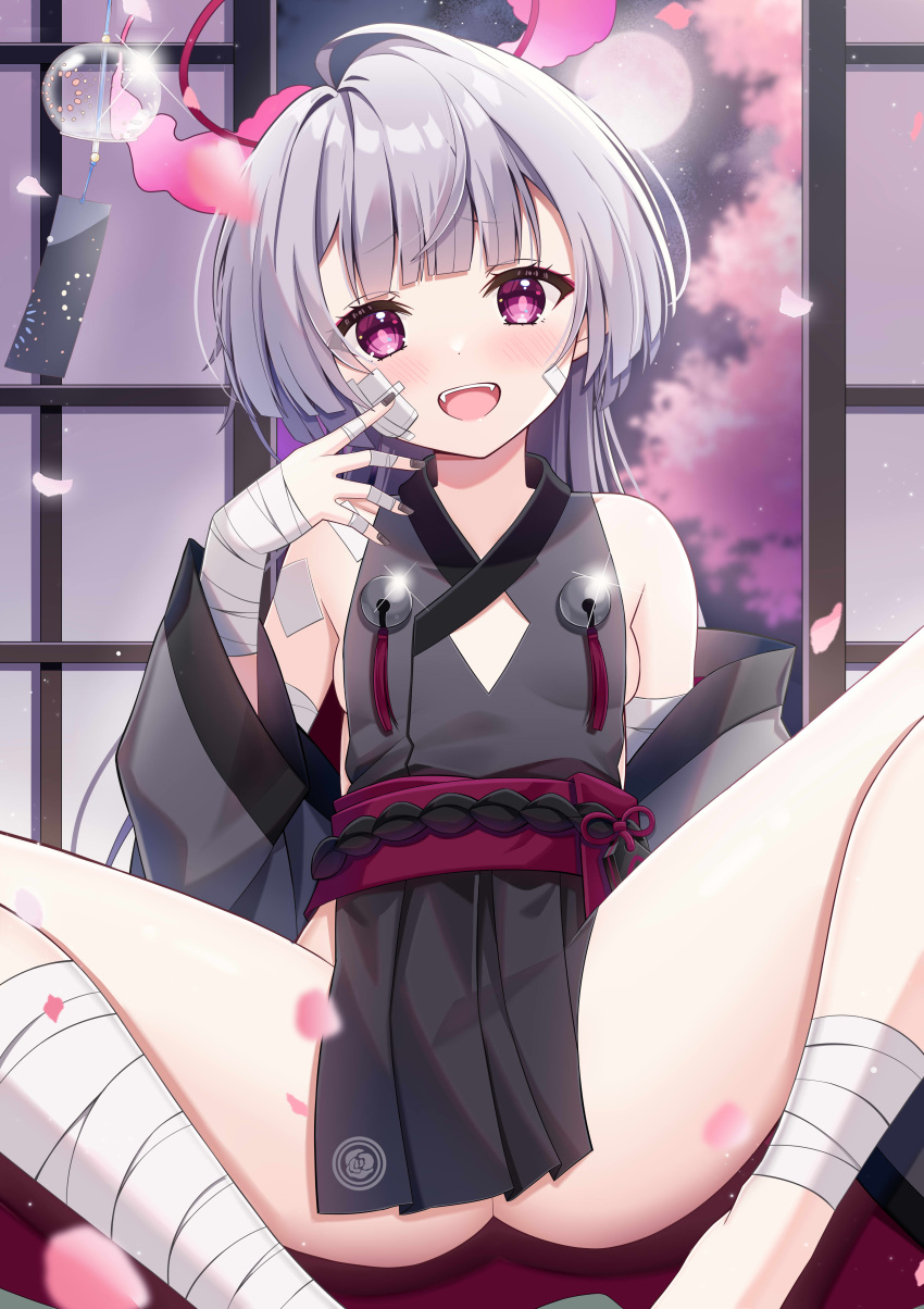 1girl absurdres bandaged_arm bandaged_foot bandaged_hand bandaged_leg bandages bell black_nails blue_archive blush breasts falling_petals fengshen_chino flat_chest gauze gauze_on_cheek gauze_on_face grey_hair grey_sleeves halo highres horns jingle_bell long_hair looking_at_viewer m_legs obi petals pink_eyes red_halo sash shuro_(blue_archive) sideless_dress sideless_outfit small_breasts smile solo spread_legs