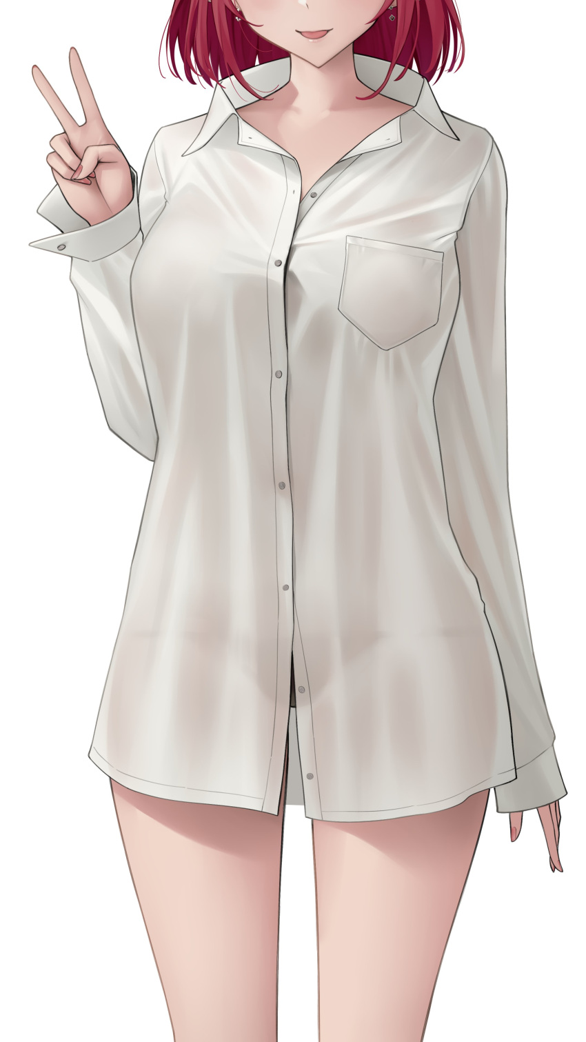 1girl :p absurdres arm_at_side breast_pocket breasts buttons collared_shirt cowboy_shot earrings facing_viewer hand_up head_out_of_frame highres hololive hololive_english irys_(hololive) jewelry large_breasts legs_apart long_sleeves medium_hair nail_polish no_pants open_collar open_mouth panties_visible_through_clothes partially_unbuttoned pocket red_hair red_nails see-through see-through_shirt shirt simple_background sleeves_past_wrists smile solo somebody_(leiking00) thighs tongue tongue_out v virtual_youtuber white_background white_shirt