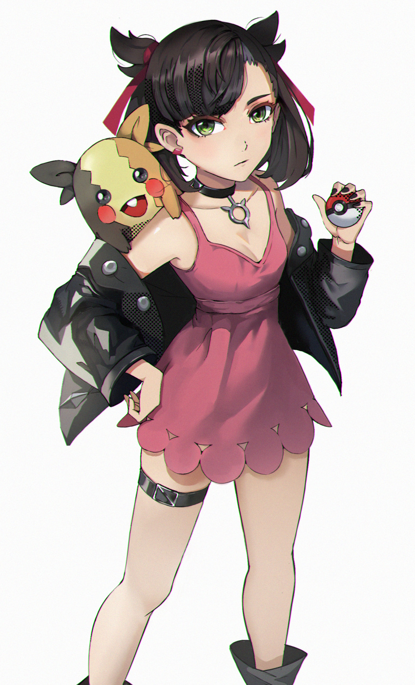 1girl absurdres aqua_eyes asymmetrical_bangs asymmetrical_hair bare_shoulders black_choker black_hair black_jacket black_nails blush breasts choker collarbone commentary_request dress earrings hair_ribbon highres holding holding_poke_ball jacket jewelry jorinz long_hair long_sleeves looking_at_viewer marnie_(pokemon) morpeko morpeko_(full) off_shoulder on_shoulder open_clothes photoshop_(medium) pink_dress poke_ball poke_ball_(basic) pokemon pokemon_(creature) pokemon_on_shoulder pokemon_swsh red_ribbon revision ribbon simple_background small_breasts twintails white_background