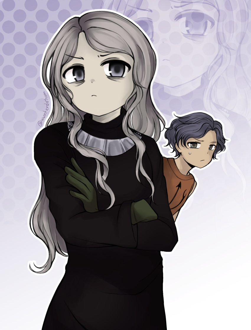 absurdres black_dress cahara_(fear_&amp;_hunger) can't_be_this_cute dress enki_(fear_&amp;_hunger) fear_&amp;_hunger genderswap gloves grey_eyes grey_hair highres human_experiment_(wwinterdotcom) long_hair short_hair tsundere worried