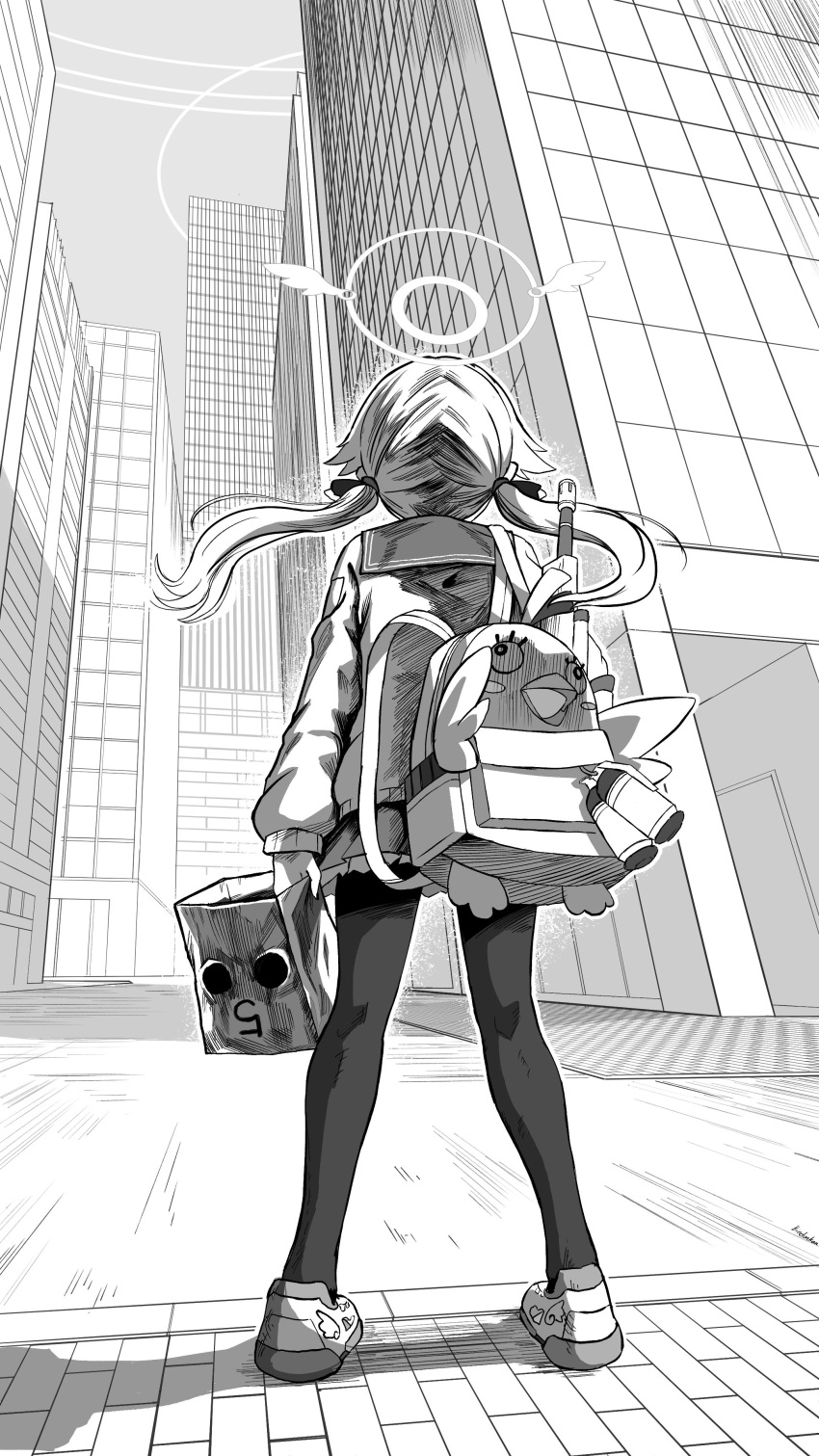 1girl absurdres assault_rifle backpack bag bindonkan blue_archive building bullpup city commentary from_behind full_body greyscale gun halo hifumi_(blue_archive) highres holding holding_bag l85 long_hair long_sleeves low_twintails monochrome outdoors pantyhose peroro_(blue_archive) rifle sailor_collar school_uniform skirt skyscraper solo standing twintails weapon weapon_behind_back