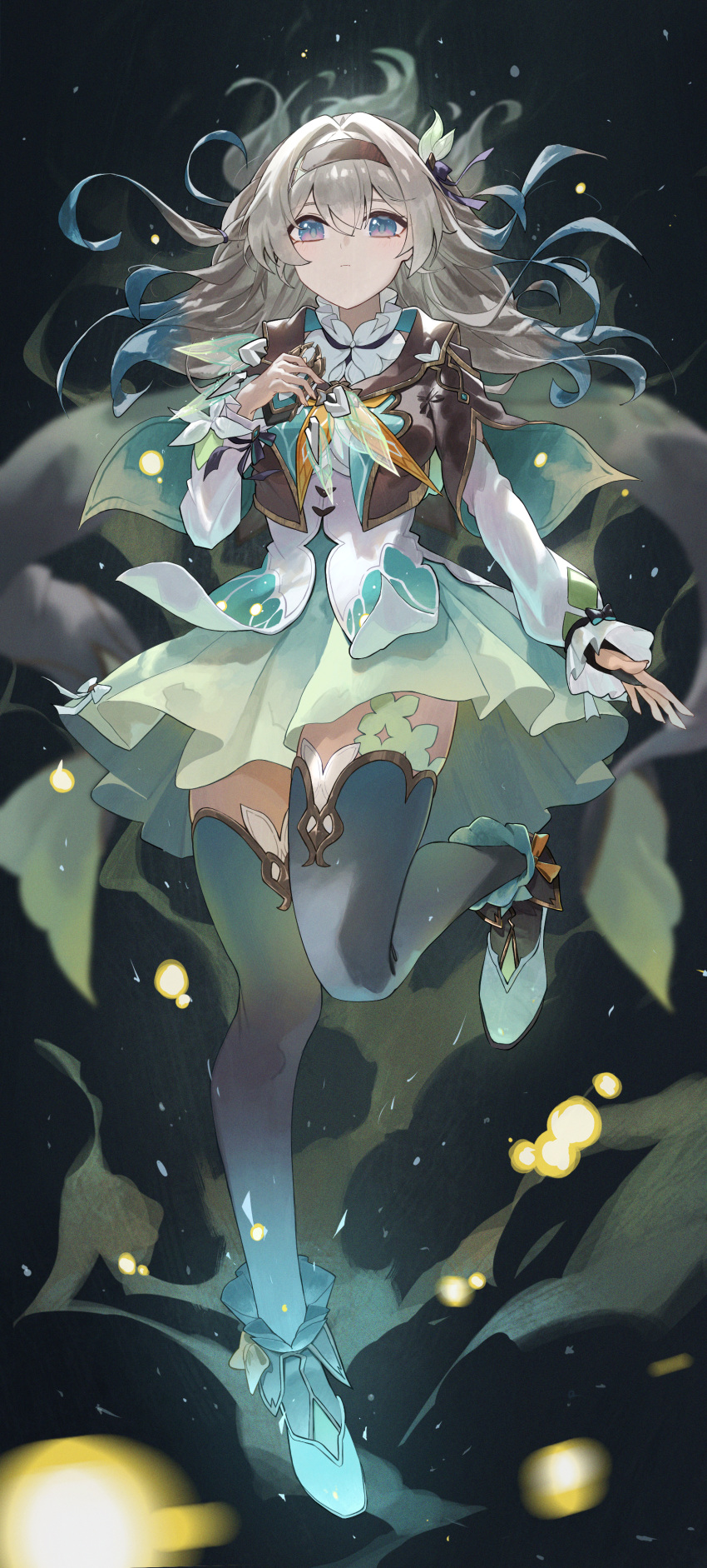 1girl absurdres aqua_dress aqua_hair black_bridal_gauntlets black_hairband black_thighhighs bridal_gauntlets closed_mouth collar commentary dress elmo_(st_elmomomo) fireflies firefly_(honkai:_star_rail) floating_hair full_body gradient_hair gradient_legwear grey_hair hair_between_eyes hairband highres honkai:_star_rail honkai_(series) long_hair long_sleeves looking_at_viewer multicolored_eyes multicolored_hair single_bridal_gauntlet standing standing_on_one_leg thighhighs white_collar white_footwear