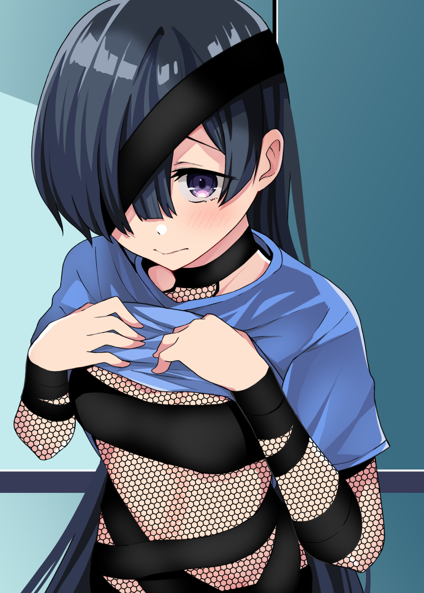 1girl absurdres arts_shirt bandage_over_one_eye black_bandages black_hair blush bodysuit breasts clothes_lift eyepatch fate/grand_order fate_(series) fishnet_bodysuit fishnets hair_over_one_eye highres long_hair looking_at_viewer mochizuki_chiyome_(fate) purple_eyes shirt_lift small_breasts solo tanuki_(siutkm0228) upper_body very_long_hair