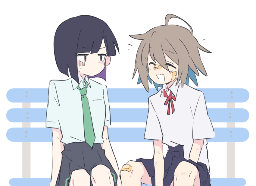 2girls ahoge arms_between_legs bandaid bandaid_on_cheek bandaid_on_face bandaid_on_knee bandaid_on_leg bandaid_on_nose black_skirt blush brown_hair closed_eyes collared_shirt dirty do_it_yourself!! green_necktie highres jitome multiple_girls neck_ribbon necktie on_bench pleated_skirt purple_eyes purple_hair red_ribbon ribbon seal_007 shirt shirt_partially_tucked_in shirt_tucked_in short_hair short_sleeves simple_background sitting skirt small_sweatdrop suride_miku white_background white_shirt yua_serufu